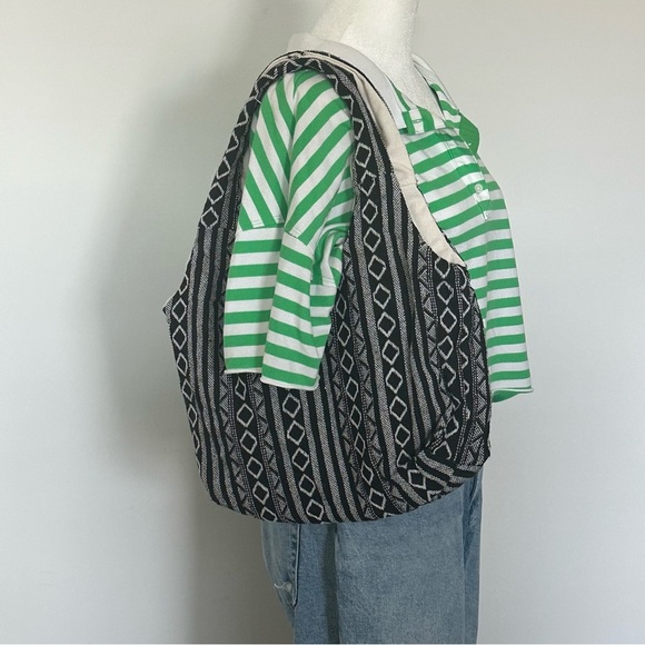 Boho Canvas Shoulder Bag Black White Geometric Print Tote Slouchy Bag - Picture 6 of 7